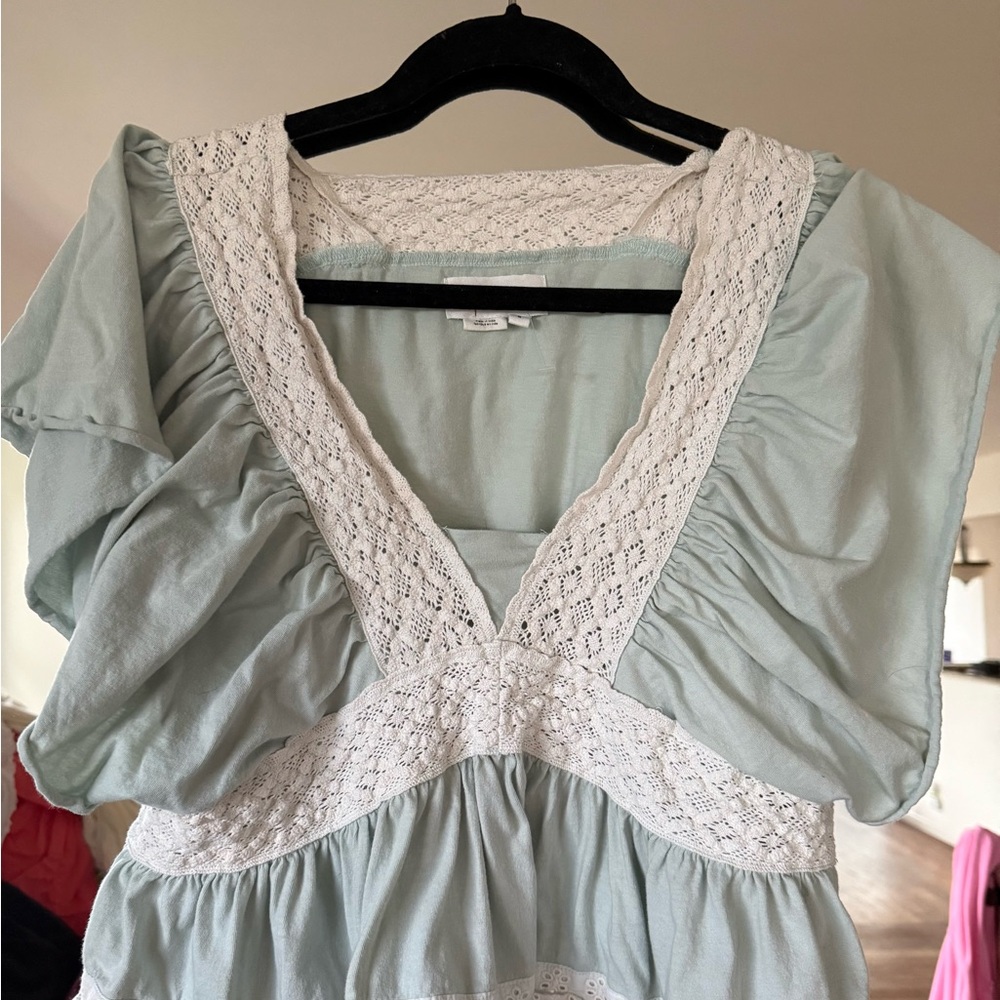 Anthropologie Blue Flutter Sleeve Ruffled Blouse
